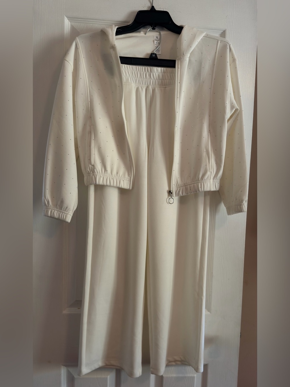 XL GIRLS Cream Wide-Leg Jumpsuit with silver rhinestone Zip Jacket